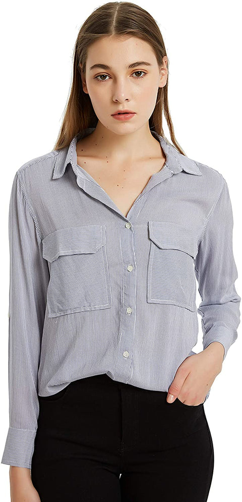 Womens Rayon Long Sleeves Blouse Stripe Shirt