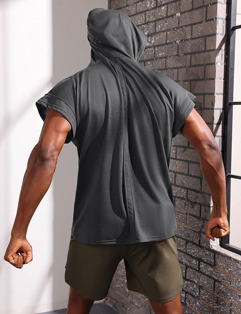 iWoo Men's Workout Hooded Tank Tops Bodybuilding Muscle Shirts Short Sleeve Gym Hoodie for Men