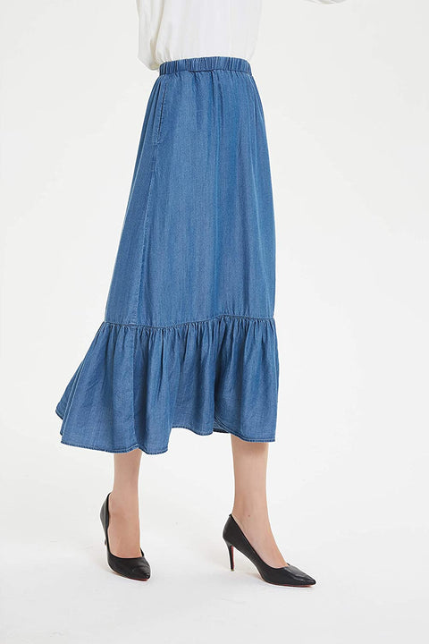 Womens Tencel Denim Long Midi Skirt Pleated Hem