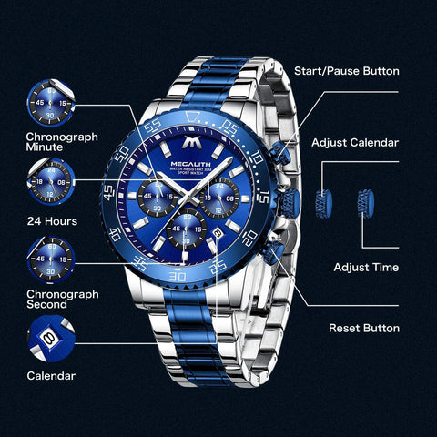 MEGALITH Mens Watches with Stainless Steel Waterproof Analog Quartz Fashion Business Chronograph Watch for Men, Auto Date