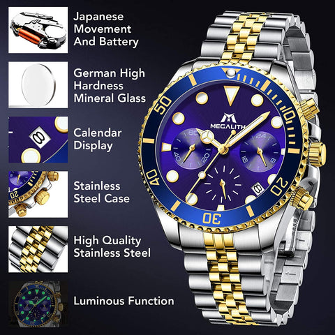 MEGALITH Men's Watch 41mm Stainless Steel Chronograph Waterproof Business Watch Analog Quartz Date Watches for Men Metal Luminous Multifunctional Casual Designer Gents Wrist Watches