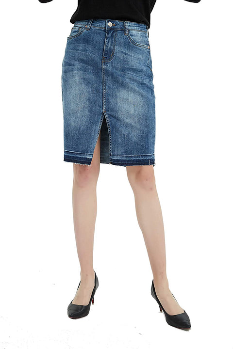 Womens Distressed Stretch Denim Pencil Skirt Frayed Hem
