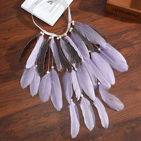 Bohemian Feather Headband Boho Headdress - Hippie Indian Feather Hairband Festival Hair Band Carnival Headwear for Women Native American Headpiece (Purple+Speckled feather)