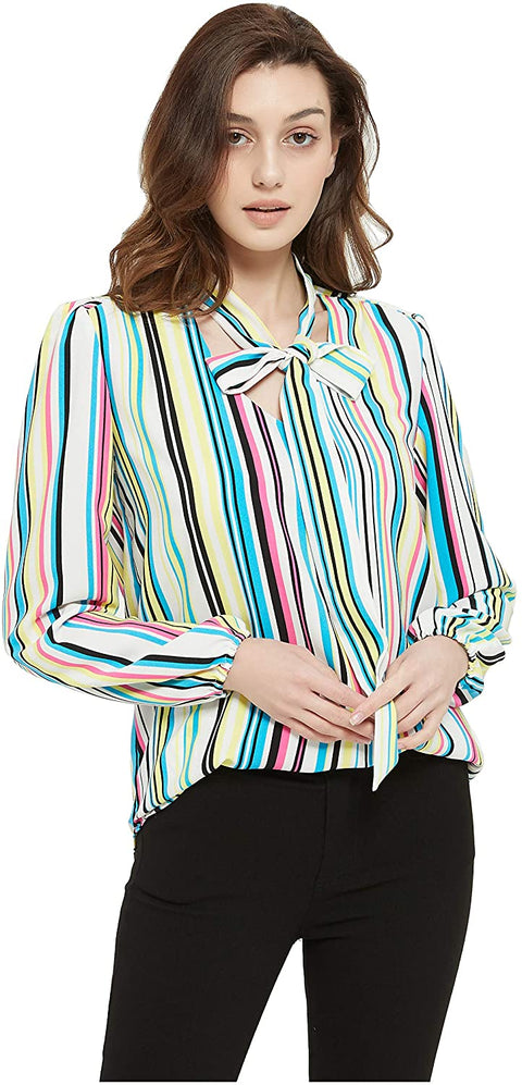 Womens V Neck with Straps Crepe Long Sleeves Blouse Stripe Shirt