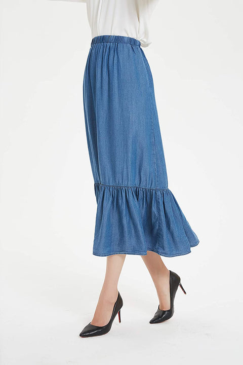 Womens Tencel Denim Long Midi Skirt Pleated Hem