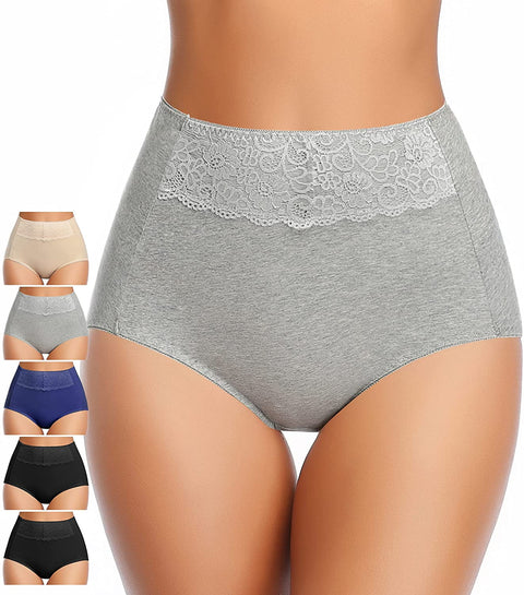 Women's High Waisted Cotton Underwear Soft Breathable Full Coverage Stretch Briefs Ladies Panties 5-Pack