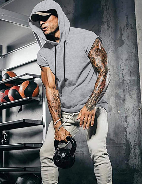 Men's Workout Hooded Tank Top Gym Muscle Cut Off Short Sleeves T-Shirt