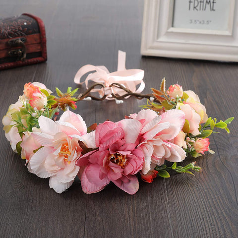 AWAYTR Flower Crown Headband Floral Headpiece Women Girl Bohemia Adjustable Tree Rattan Leaf Flower Garland Hair Wreath (Light Pink+Dark Pink)