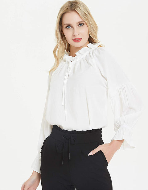 Womens White Oversized Tie Ruffled Neckline Top Blouse Tunic Shirt