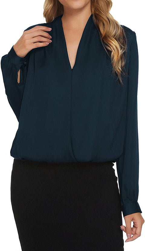 Women's Business Casual V-Neck Long Sleeve Wrap Blouse Solid Chiffon Shirts