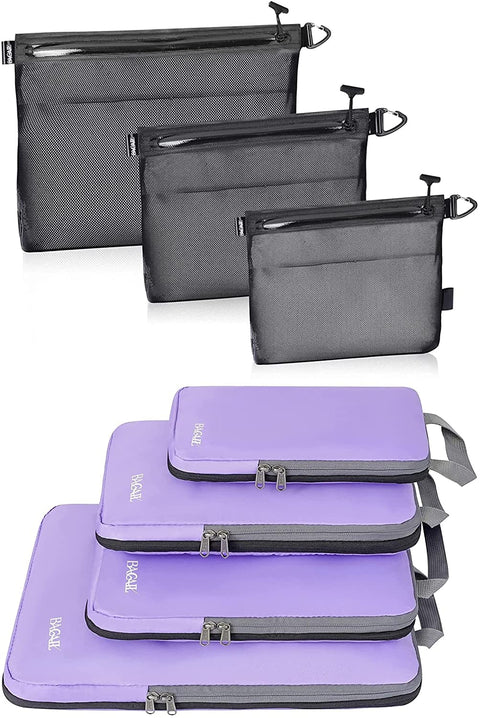 Bagail 4 Set Compression Packing Cubes+3 Water-resistant Airtight Zipper Pouch