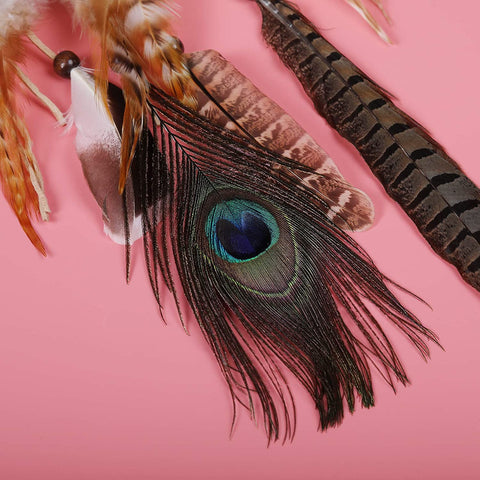 Peacock Feather Hippie Headband Accessories - AWAYTR Bohemia Tribal Indian Hippie Headpiece Braided Beads Headwear Festival Hair Decoration (beige-1)