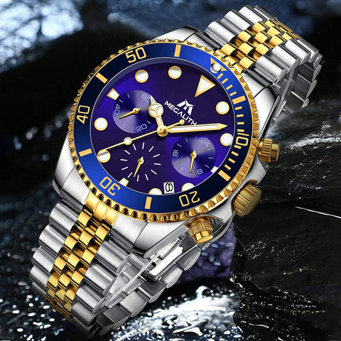 MEGALITH Men's Watch 41mm Stainless Steel Chronograph Waterproof Business Watch Analog Quartz Date Watches for Men Metal Luminous Multifunctional Casual Designer Gents Wrist Watches
