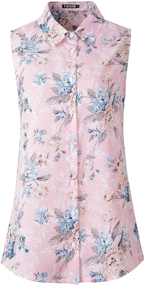 TIMSEM Womens Sleeveless Floral Printed Chiffon Casual Blouse Shirts Tops