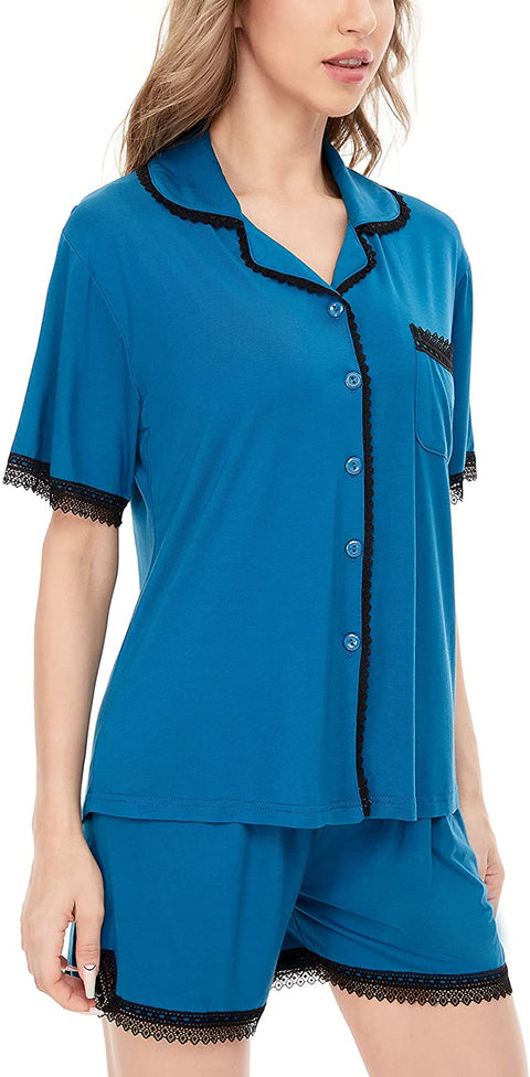 Women's Pajamas Set, Short Sleeve Sleepwear Lace Hem Pj Lounge Sets Nightwear Pajamas for Women S-XL