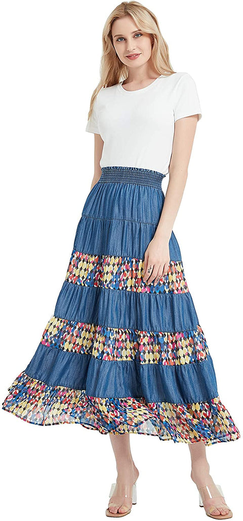 Womens Tencel Denim Long Midi Skirt Tired Multi Layers Fancy Geometric Print Patchwork
