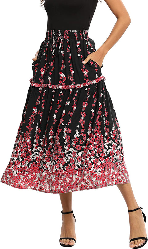 Women's Casual Elastic Waist Floral Print Pleated Maxi Skirt with Pocket