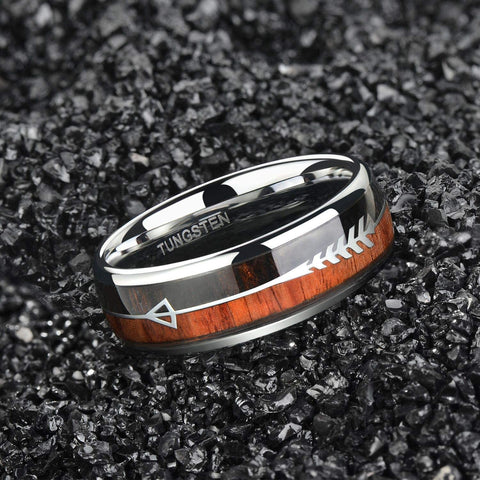 TRUMIUM 8mm Tungsten Wedding Ring Koa Wood Arrows Inlay Vikings Hunting Ring Silver/Black Band Dome Comfort Fit Size 6-13