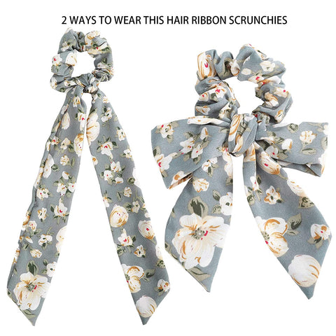 AWAYTR Chiffon Ponytail Hair Scarf Scrunchies - 4 Packs Flower Cashew Leopard Ripple Point Elastic Hair Ties Bow for Women (Bud(Blue+White+Black+Pink))