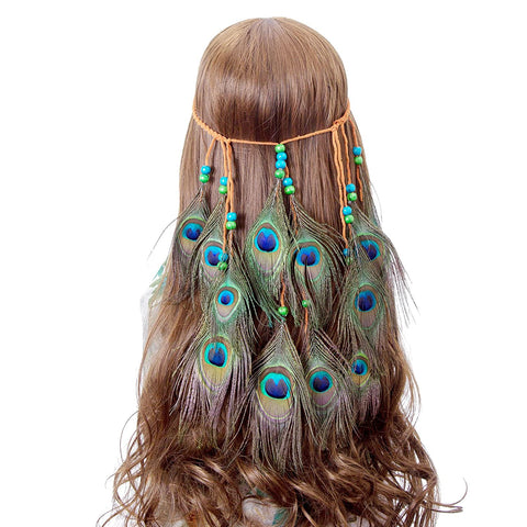 Peacock Feather Hippie Headband Accessories - AWAYTR Bohemia Tribal Indian Hippie Headpiece Braided Beads Headwear Festival Hair Decoration (All peacock)