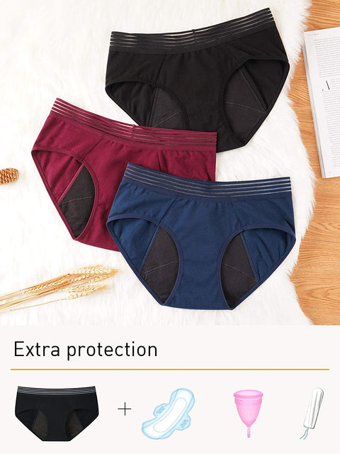 INNERSY Women's Period Underwear Absorbent for Light/Moderate/Heavy Flow 3-Pack(Black/Navy Blue/Claret,Large)