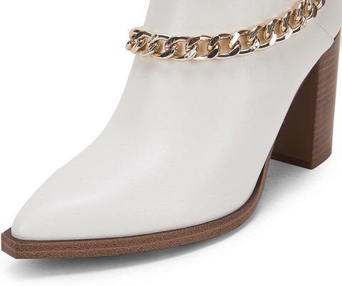 Womens V Cut Out Ankle Boots Chunky Block Back Zipper Booties Pointed Toe Comfortable Shoes with Metal Chain