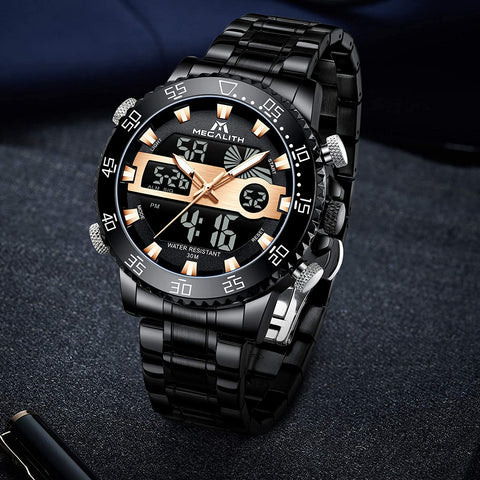 MEGALITH Men Watch Waterproof Stainless Steel Led Analog Digital Watches for Men Male Day Date Stopwatch Heavy Metal Alarm Sport Watch Gent Outdoor Military Luminous Big Wrist Watches with Backlight
