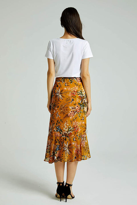 Womens A Line Floral Print Midi Skirt with Ruffle on The Front