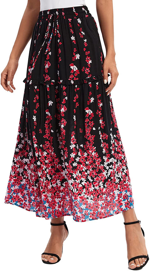Women's Casual Elastic Waist Floral Print Pleated Maxi Skirt with Pocket
