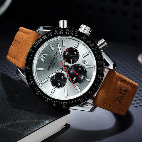 MEGALITH Mens Watch Waterproof Quartz Chronograph Watches for Men Men's Analog Stylish Sport Casual Classic Wrist Watch with Brown Leather Band Unique Gifts for Men