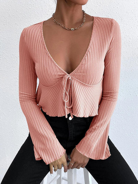 Womens Deep V Neck Crop Tee Ribbed Long Bell Sleeve Drawstring Casual Tie Front Blouse Solid Color Ruffle Hem Pullover Tops