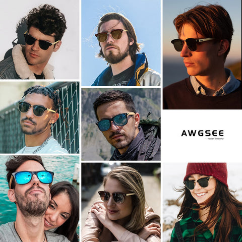 AWGSEE Polarized Wood Sunglasses For Men And Women Bamboo Wooden Frame Driving Sun Glasses 100% UV Protection