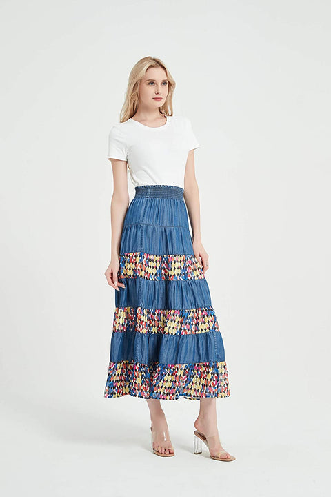 Womens Tencel Denim Long Midi Skirt Tired Multi Layers Fancy Geometric Print Patchwork