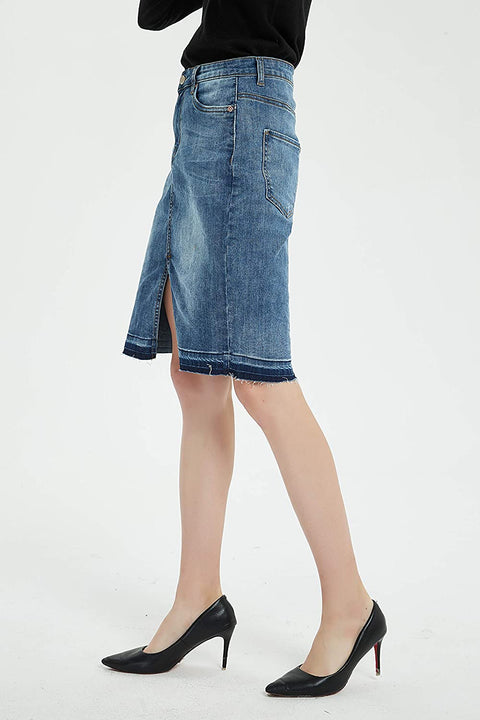 Womens Distressed Stretch Denim Pencil Skirt Frayed Hem
