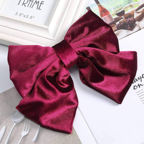 Velvet Bow Barrettes Hair Clips - AWAYTR 2 Packs Flower Elastic Big Hair Bow for Women Wedding Party (wine red+black)