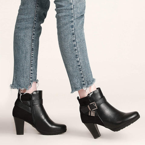 mysoft Women's Zipper Bootie Chunky Stacked Heel Ankle Boots Buckle Strap Ankle