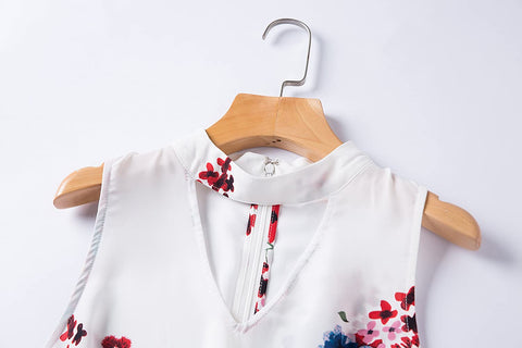 Womens V Neck Wraps Sleeveless Shirt Floral Print Tunic Tank Top