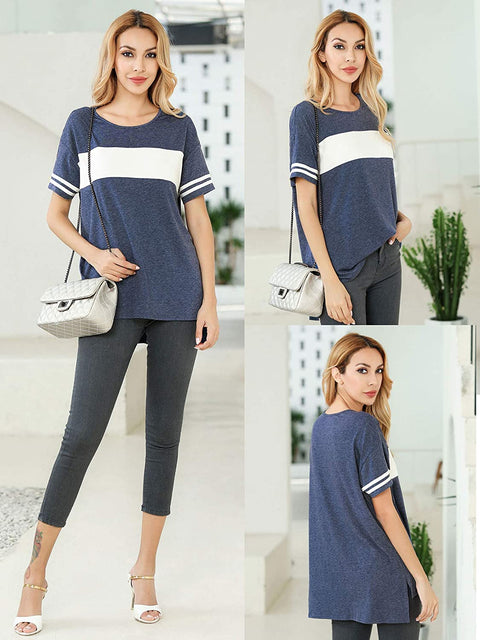 Women's Color Block Striped Long Sleeve Shirt Side Split High Low Hem Casual Pullover Tunic Tops