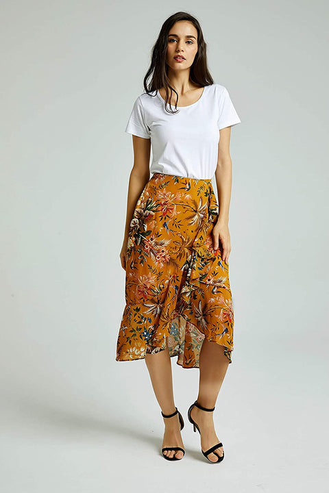 Womens A Line Floral Print Midi Skirt with Ruffle on The Front