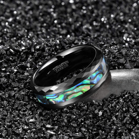 TRUMIUM 8mm Abalone Shell Tungsten Carbide Rings Wedding Bands Faceted Edge Comfort Fit Size 7-13