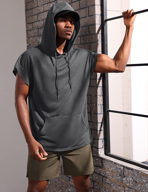 iWoo Men's Workout Hooded Tank Tops Bodybuilding Muscle Shirts Short Sleeve Gym Hoodie for Men