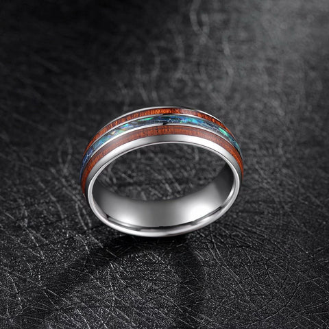TRUMIUM 8mm Hawaiian Koa Wood and Abalone Shell Tungsten Carbide Rings Wedding Bands for Men Comfort Fit Size 6-13