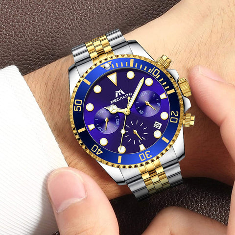 MEGALITH Men's Watch 41mm Stainless Steel Chronograph Waterproof Business Watch Analog Quartz Date Watches for Men Metal Luminous Multifunctional Casual Designer Gents Wrist Watches