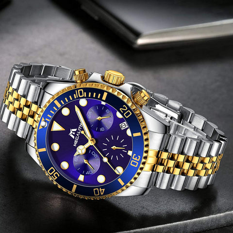 MEGALITH Men's Watch 41mm Stainless Steel Chronograph Waterproof Business Watch Analog Quartz Date Watches for Men Metal Luminous Multifunctional Casual Designer Gents Wrist Watches
