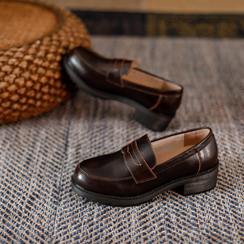 KANGFEINI Women's Apartment Wide Loafers Brown Work high Heel Platform Dress Shoes