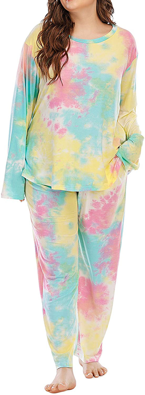 Plus Size Pajama Set Pants Women Tie Dye Long Sleeve Shirts Nightwear Sleep & Lounge Pjs