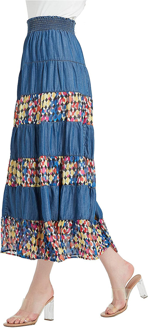 Womens Tencel Denim Long Midi Skirt Tired Multi Layers Fancy Geometric Print Patchwork