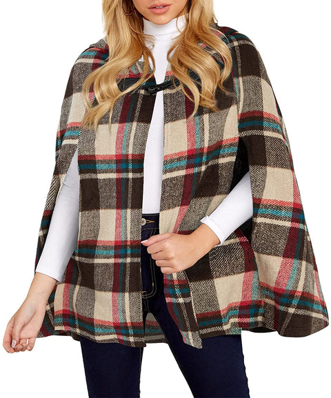 GAMISOTE Womens Jacket Plaid Cape Sleeveless Open Front Hooded Poncho Cloak Outerwear