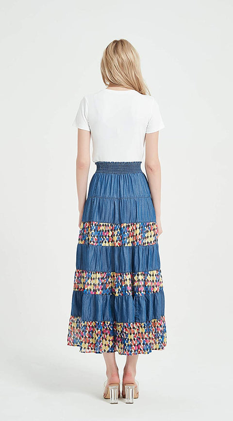 Womens Tencel Denim Long Midi Skirt Tired Multi Layers Fancy Geometric Print Patchwork