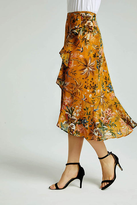 Womens A Line Floral Print Midi Skirt with Ruffle on The Front